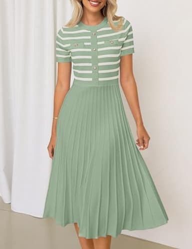 ZESICA Women's 2025 Casual Striped Midi Dress Crewneck Short Sleeve Button Ribbed Knit Swing Pleated A Line Dresses,Light Green,Large - Image 7