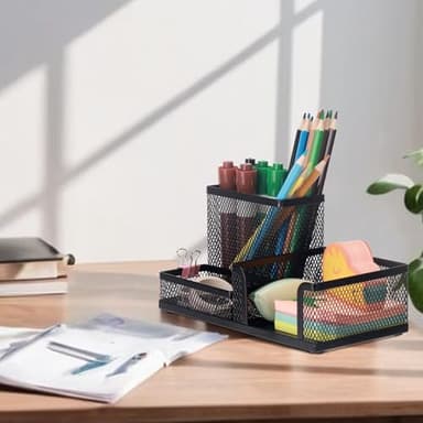 Comix Mesh Pen Pencil Holder Desk Organizer, 3 Compartment Wire Desktop Pen Pencil Cup Caddy Office Supplies Accessories for Home Office School, Black(2 Pack) - Image 8