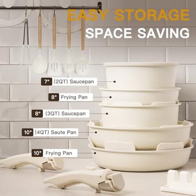 Astercook Ceramic Non-stick Cookware 21 Pcs Pots and Pans Set, Detachable Handle, RV Kitchen Non Stick Cooking Set Removable Handles, Oven Safe, Induction Ready, Stackable, Cream White - Image 9