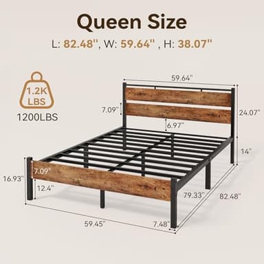 BedsPick 14 Inch Queen Bed Frame Sturdy Metal Bed Frame Queen Size with Wooden Headboard and Footboard, Noiseless/12.4" Under Bed Space/Durable Support//No Box Spring Needed/Anti-Slip, Brown - Image 2