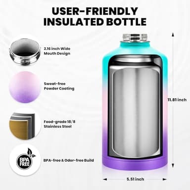 RAYMYLO One Gallon Water Bottle Insulated, Triple Walled Vacuum Stainless Steel (Cold for 48 Hrs), Leak Proof & Non-BPA, Large Water Flask Jug with Paracord Handle & Straw Spout Lids - Image 5