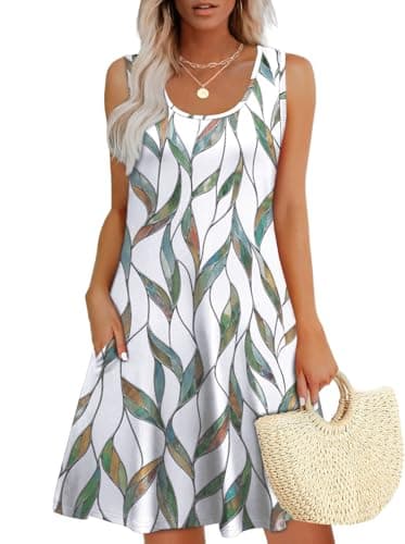 WEESO Summer Dresses for Women 2025 Trendy Tank Sleeveless Dress Sundresses with Pockets Teacher Vacation Outfits for Women Floral Multi Leaf L - Image 1