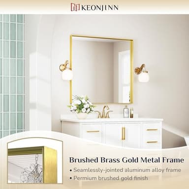 Keonjinn 36 x 36 in Brushed Gold Bathroom Mirror, Square Metal Framed Wall Mirror for Bathroom, Decorative Shiny Brass Gold Vanity Mirrors, Aluminum Alloy Frame Modern Farmhouse Rectangle Mirrors - Image 6