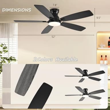 JSAITEE Ceiling Fans with Lights, 52 Inch Low Profile Ceiling Fan with Light and Remote Control, Flush Mount, DC Reversible Motor, Noiseless, Black 6 Speeds Ceiling Fan for Bedroom - Image 6