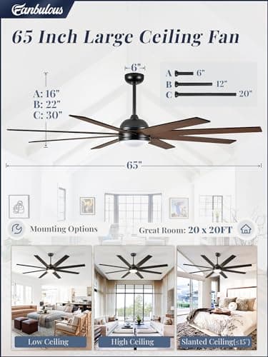 Fanbulous 65 Inch Ceiling Fans with Lights and Remote, Black Indoor/Outdoor Ceiling Fan with Quiet Reversible DC Motor, 6 Speeds, 3CCT, 8 Blades Large Ceiling Fan for Living Room Bedroom Patio - Image 6