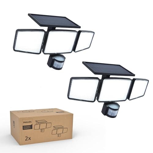 Philips Solar Security Light Outdoor 302 LED 1200lm, Solar-Powered Waterproof Wall-Mounted Floodlight w/PIR Motion Sensor, 3 Heads, IP65 Waterproof, 3 Modes - Image 1
