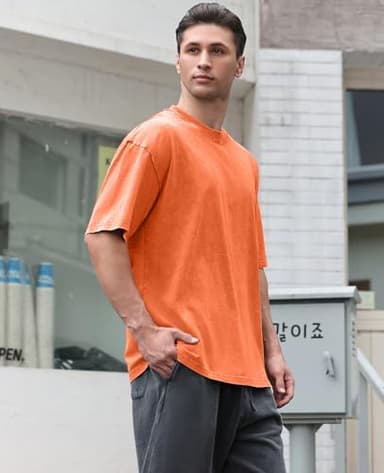 3 Pcs Oversized Heavy Cotton Summer T-Shirts Vintage Unisex Short Sleeves Casual Loose Basic Tops(A-Orange+Beige+Black L) - Image 3