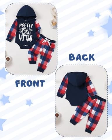 NZRVAWS 0-3 Months Newborn Baby Boy Clothes Infant Long Sleeve Letter Print Deep Blue Plaid Hoodie Sweatshirt+Pants 2PC Outfit Set - Image 2