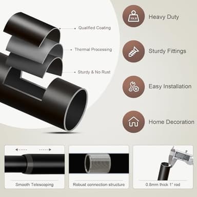 Lootkell Modern Black Curtain Rods for Windows 48 to 84 Inches Adjustable Length Heavy Duty 1" Diameter Window Curtain Rod with Decorative Finials for Outdoor Farmhouse Bedroom Kitchen Living Room - Image 7