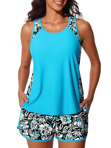 Summer Mae Blouson Tankini Swimsuits for Women 2025 Tummy Control Two Piece Bathing Suits with Sporty Pockets Swim Shorts Black Floral Sketch Size 10 - Image 1