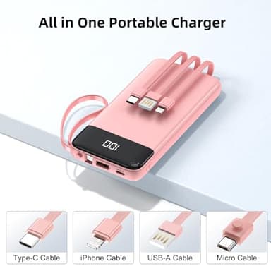 penaover Portable Charger 10000mAh Power Bank with Built-in Cable, 5 Output 2 Input Travel Essential External Battery Pack with LED Display Compatible with iPhone 16/15 Samsung S22 Android,etc - Image 2