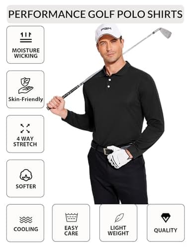 PINSPARK Mens Black Long Sleeve Polo Slim Fit Golf Shirts for Men Quick Dry Moisture Wicking Polo Shirts Collared Shirt Men - Image 3