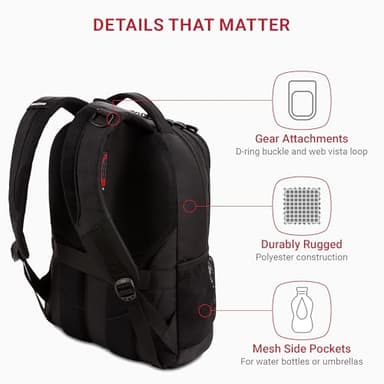 SwissGear 5505 Cecil 16” Laptop Backpack Black – Daily Laptop Bag with Gear Attachment Options – Multiple Organizer Pockets & Padded Shoulder Straps - Image 3