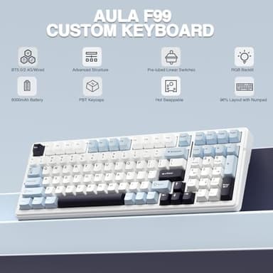 AULA F99 Wireless Mechanical Keyboard, Hot Swappable Custom Keyboard,Pre-lubed Linear Switches,Gasket Structure,RGB Backlit Gaming Keyboard (Blue&White) - Image 2
