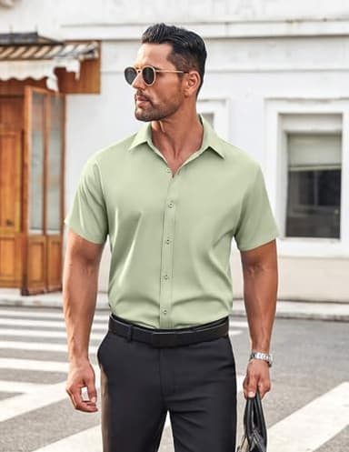 COOFANDY Men's Untucked Wrinkle Free Shirt Casual Short Sleeve Button Down Shirts, Light Green, X-Large - Image 4