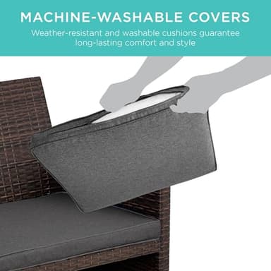 Best Choice Products 4-Piece Outdoor Wicker Patio Conversation Furniture Set for Backyard w/Coffee Table, Seat Cushions - Brown/Stone Gray - Image 5