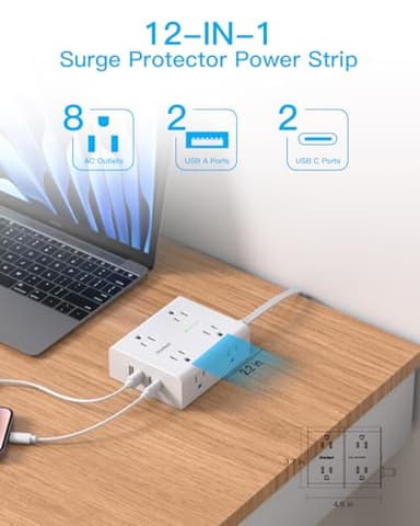 10Ft Extension Cord with Multiple Outlets, Flat Plug Power Strip Surge Protector 10 Ft Long Cord, 8 Outlet 4 USB Ports (2 USB C), Multi Outlet Wall Plug for Home Office, College Dorm Room Essentials - Image 4