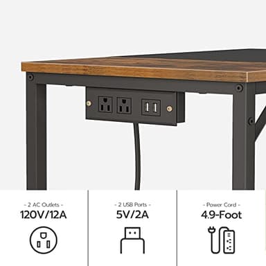 HOOBRO Computer Desk, Home Office Desk with Power Outlet, Modern Study Writing Desk with 3 Hooks for Study Room, Home Office, Sturdy and Stable, Easy to Assemble, Rustic Brown and Black BF40UDN01 - Image 3