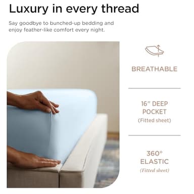 Threadmill 100% Cotton Sheets for Queen Size Bed - 600 Thread Count Queen Bed Sheets Set with 16” Deep Pocket - Sateen Weave 4-Piece Bedding Set with Cooling Effect, Blue - Image 3