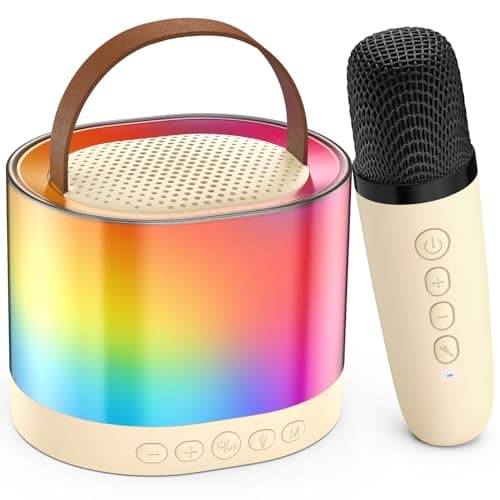 Mini Karaoke Machine for Adults Kids, Portable Bluetooth Karaoke Speaker with 3.5" Full-Range Speaker and Colorful LED Lights, Support USB/TF Card/AUX (Beige-1Mic)