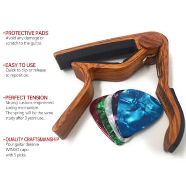WINGO Guitar Capo for Acoustic and Electric Guitars - Rosewood Color with 5 Picks - Image 3