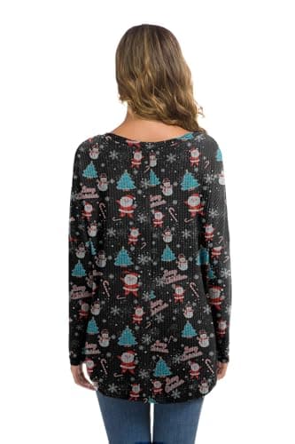 IWOLLENCE Women's Santa Waffle Knit Batwing Long Sleeve Henley Blouse Tie Front Knot Button Down Tops Loose Tunic Shirt Black Christmas Tree, M - Image 3