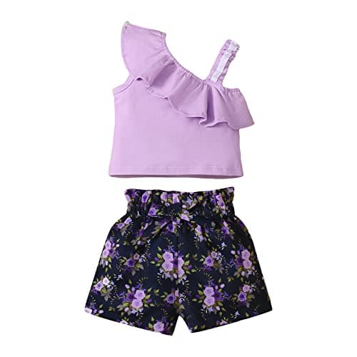 DISAUR Girls Summer Clothes Baby Purple t-Shirt+ Purple Flower Printed Black Shorts Toddler Spring Clothes 12-18 Months 1t - Image 1