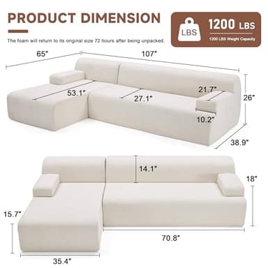 Huatean Home 107" Modular Sectional Sofa, Sponge Sofa for Living Room, High Density Sponges Cloud Couch,Modular L-Shape Sofa Couch with Chaise, (Beige) - Image 2