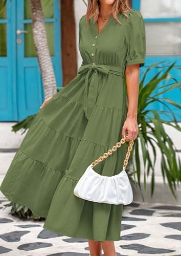 PRETTYGARDEN Summer Dresses for Women 2025 Elegant Classy Short Sleeve V Neck Ruffle A Line Belted Long Beach Vacation Dress (Cyan,Medium) - Image 5