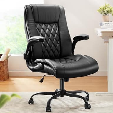 Marsail Executive Office Chair with Flip-up Armrests,PU Leather Ergonomic Desk Chair Height-Adjustable Swivel Rolling Computer Desk Chair,Black - Image 1