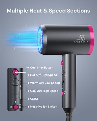 Hair Dryer with Diffuser for Curly Hair, 1800W Ionic Blow Dryer for Women & Men, Fast-Drying, Lightweight, Low Noise, Hair Care Styling Tool for Home, Travel - Image 7