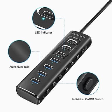 Powered USB Hub, Rosonway 7-Port USB 3.2/USB C Hub with 10Gbps USB-A 3.2, 2 USB-C 3.2, 4 USB 3.0 Ports, Individual Switches and 12V Power Adapter, Aluminum USB Port Expander for Laptop/PC, RSH-A107C - Image 7