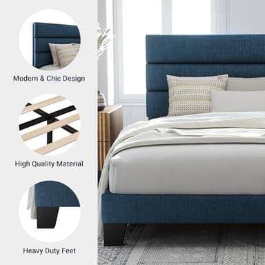 Allewie King Size Platform Bed Frame with Fabric Upholstered Headboard and Wooden Slats Support, Fully Upholstered Mattress Foundation/No Box Spring Needed/Easy Assembly, Navy Blue - Image 6
