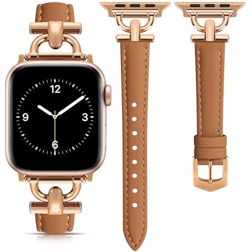 Leather Band Compatible with Apple Watch Bands for Women, Dressy Fancy Strap for iWatch Series 11/10/9/8/7/6/5/4/3/2/1/se(38mm 40mm 41mm 42mm,Light Brown/Rose Gold) - Image 1
