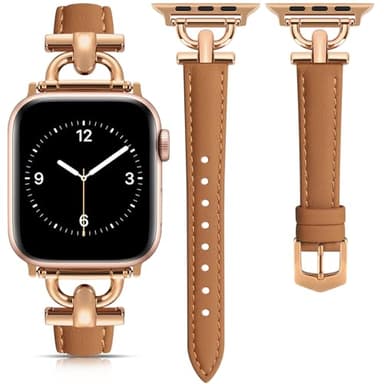 Leather Band Compatible with Apple Watch Bands for Women, Dressy Fancy Strap for iWatch Series 11/10/9/8/7/6/5/4/3/2/1/se(38mm 40mm 41mm 42mm,Light Brown/Rose Gold) - Image 1
