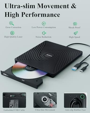 PeroBuno External CD DVD Drive, USB 3.0 Type-C Optical Drive, 0.5-inch Ultra-Slim Portable DVD CD ROM Disc Player Reader Writer Rewriter Burner Recorder for Laptop PC MacBook Windows Linux Mac OS - Image 8
