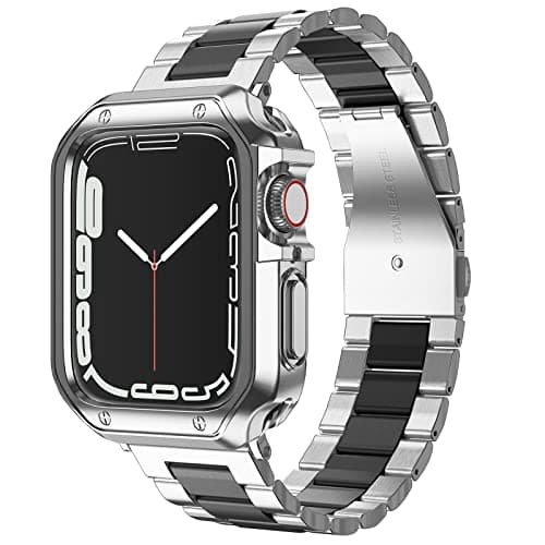 Designed for Apple Watch Band and Case, Stainless Steel Metal Chain with TPU Cover, Smart-Watch Link Bracelet Strap, Wrist-Band for i-Watch Series 9 8 7 6 5 4 3 2 1 SE, 41mm 40mm 38mm, Silver+Black - Image 1