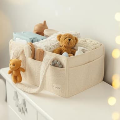 Sweety Fox Baby Diaper Caddy Organizer with Handle - Portable Sherpa Nursery Basket - Car Diaper Organizer, Cleaning Caddy, Gift for Baby Shower - Ivory - Image 7