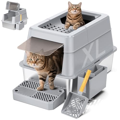 Stainless Steel Litter Box with Lid, XL Closed Metal Litter Box Modular Design with Flip Lid Fits All Cats, Extra Large Covered High Sided Cat Box, Scoop, Non-Sticky, Easy Cleaning, Grey - Image 1