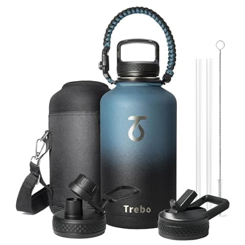 Trebo Water Bottle 64oz with Paracord Handle, Half Gallon Large Vacuum Double Wall Stainless Steel Insulated Water Jug with Holder Strap Straw Spout Lids, Leakproof Keep Cold & Hot, Indigo/Black - Image 1