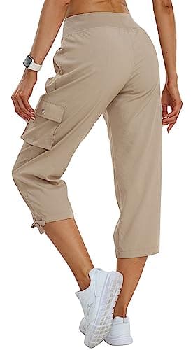 MoFiz Womens Capris with Pockets Loose Fit Casual Capri Pants Lightweight Ladies Cargo Pants for Hiking Khaki 2XL - Image 2