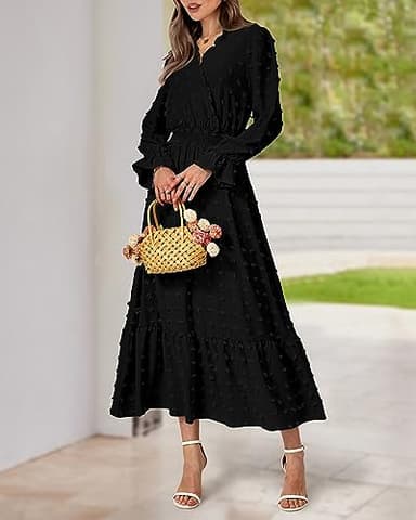 BTFBM Women Fall Maxi Dresses 2025 Long Sleeve V Neck Swiss Dots High Waisted A-Line Ruffle Boho Long Dress Vacation(Black,Medium) - Image 3