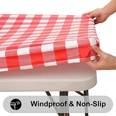 Smiry Rectangle Picnic Table Cloth, Elastic Waterproof Fitted Vinyl Tablecloths, Flannel Backed Buffalo Plaid Table Covers for Dining, Camping, Outdoor (White and Red, 30" x 72") - Image 2