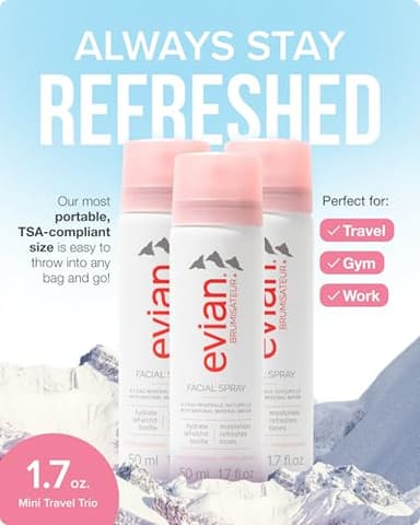 Evian Facial Spray 1.7 oz Travel Trio - Hydrating Mineral Water Mist for Face & Skin - Refreshes Makeup and Tones - TSA-Approved Mini Facial Spray to Hydrate and Refresh Skin Anywhere - Image 2