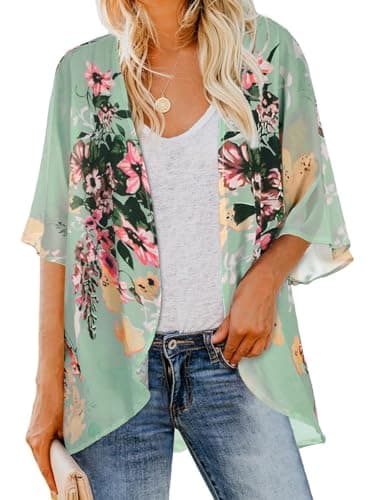 Kimonos for Women Floral Print Puff Sleeve Swimwear Cute Summer Tops(Mint,S) - Image 1