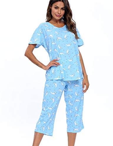 ENJOYNIGHT Womens Pajama Sets Cotton Pj Set Short Sleeve Top With Capri Pants Sleepwear 2 Piece Lounge Set(X-Large,Moon) - Image 4