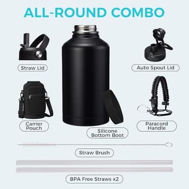 64 oz Insulated Water Bottle with Straw & Auto Spout Lids, Paracord Handle, Half Gallon Waterbottle Strap Carrier & Protective Boot, Wide Mouth Metal Canteen Thermo Mug, Leak-proof Sports Black Jug - Image 2