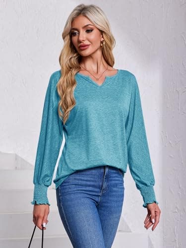 TAKEYAL Long Sleeve Shirts for Women Smocked Sleeve V Neck Casual Loose Blouse Trendy Fall Spring Tops Aqua Green XX-Large - Image 4