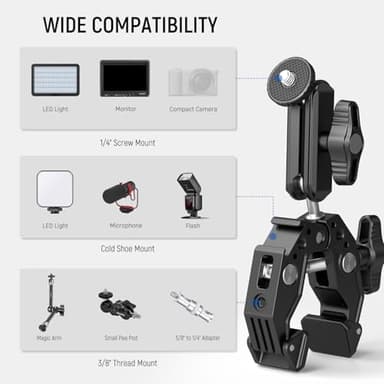 NEEWER Super Clamp with 3" Dual Ballhead Magic Arm, Cold Shoe, 1/4" Threads, Phone/Action Camera Mount Adapter for Desk Tripod Tube Crossbar Gimbal Rods Compatible with SmallRig GoPro DJI, ST83 - Image 6