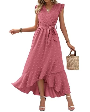 BTFBM Women V Neck Summer Dress 2025 Cap Sleeve Swiss Dot Boho Flowy Ruffle Slit Beach Party Long Maxi Cocktail Dresses(Pink, Medium) - Image 1